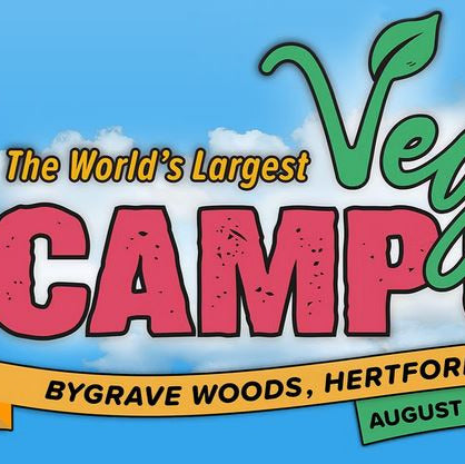 Promotional graphic for 'The World's Largest Vegan Campout' with event details on a blue sky background.